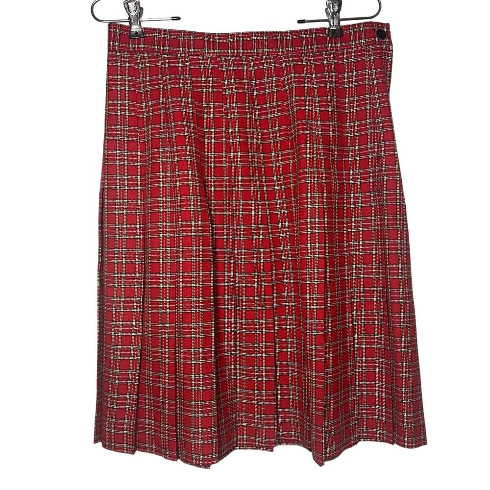 Vintage Royal Stewart Tartan Tweed Skirt Size Medium Red Knife Pleats Easy Care